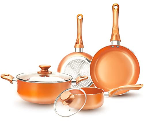 FRUITEAM Padella con coperchio, Padella con rivestimento antiaderente in ceramica. Pentole perfette per salse e griglia. Cookware Set Cookware Set-Ceramic Nonstick Layer