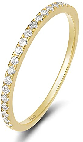 EAMTI 2mm 925 Sterling Silver 14K Gold Wedding Band Cubic Zirconia Half Eternity Stackable Engagement Ring Size 7