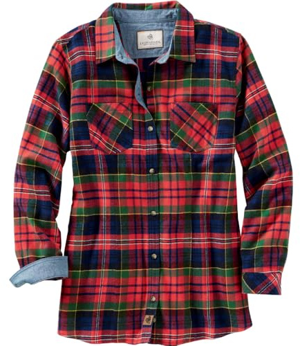 Legendary Whitetails Womens Long Sleeve Plaid Button Up 100% Cotton Flannel Shirt, Holly Berry, Sml