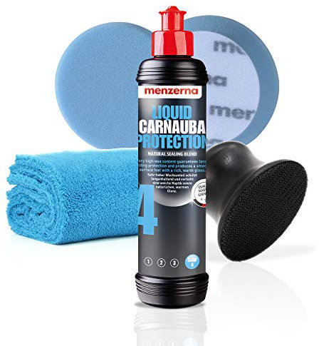 Detailmate Menzerna Handpolitur Wax Set: Menzerna Liquid Carnauba Protection Wachs 250ml + Hand-Polier-Applikator für 95mm Pads + 95mm Wax Pad Mikrofasertuch 550GSM blau