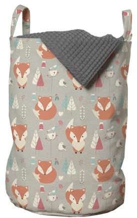 ABAKUHAUS Fuchs Wäschesack, Waldvögel und Tannenbaum, Wäschekorb mit Griffen Kordelzugverschluss für Waschsalons, 33 cm breit x 49 cm hoch, Orange Grau Hellblau