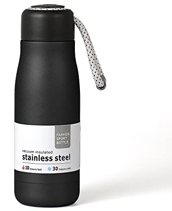 Water Bottles with Portable Lid，Hydro Insulated Thermal Flask for Hot or Cold Drinks 350ml Stainless Steel Metal Reusable Water Bottle for Kids, Adults, Midnight Black