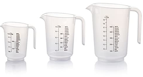 Grizzly Messbecher Set, 3x Dosierhilfe mit 1x 1000 ml, 1x 500 ml und 1x 250 ml, bruchsicher, hitzebeständig, spülmaschinenfest, Mischbecher für Flüssigkeiten und Pulver