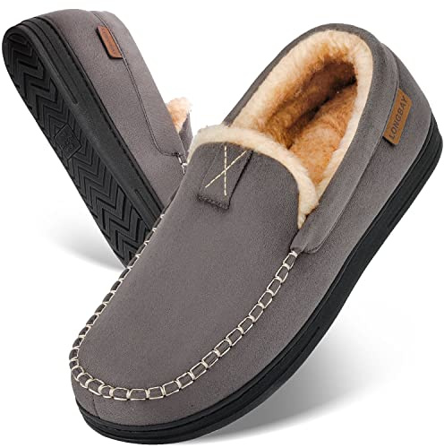 LongBay Men's Moccasin Slippers Memory Foam Warm Comfy Fluffy Faux Fur House Shoes with Indoor Outdoor Rubber Sole (12UK, Grey)