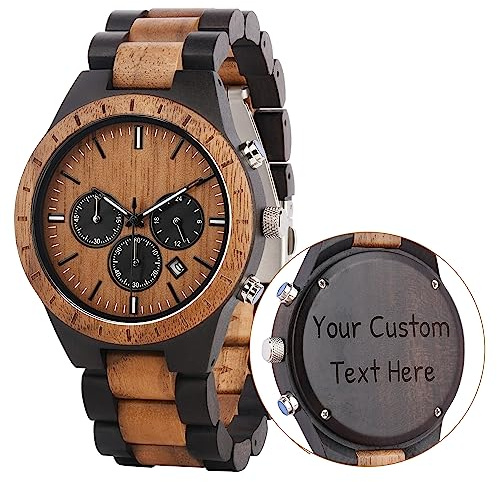 LMWOOD Reloj de Madera Personalizado para Hombre con Banda de Ébano Luna, Nogal, Frase, Fecha, Semana para Marido, Novio - Aniversario