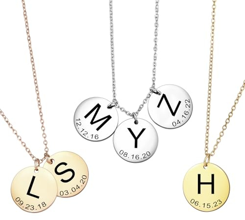 INBLUE Personalisierte Runde Scheibe Halskette für Frauen Gravierte Initiale/Datum Halskette Optional mit Geschenkbox Silber/Gold/Rosegold Charme Halskette Schmuck Geschenke für Frauen