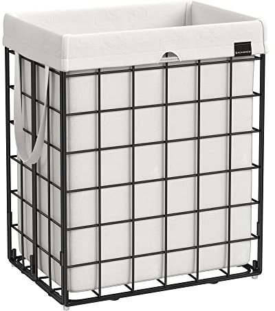 SONGMICS Cesta Portabiancheria 90L, Cesto Biancheria Sporca Pieghevole, Sacco Rimovibile e Lavabile, Struttura in Filo Metallico, per Camera da Letto Bagno Lavanderia, Nero e Bianco LCB190W01