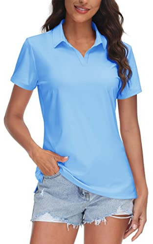 TACVASEN Womens Polo Shirts V-Neck Polos UPF 50+ Short Sleeve Golf Shirt for Work UV Protection Collared Shirt, Waterfall Blue, M