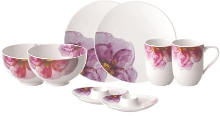 Villeroy & Boch – Rose Garden Ensemble De Vaisselle En Porcelaine, 8 P., Motif Floral Moderne, Service Pour Le Petit-Déjeuner Pour 2 Personnes