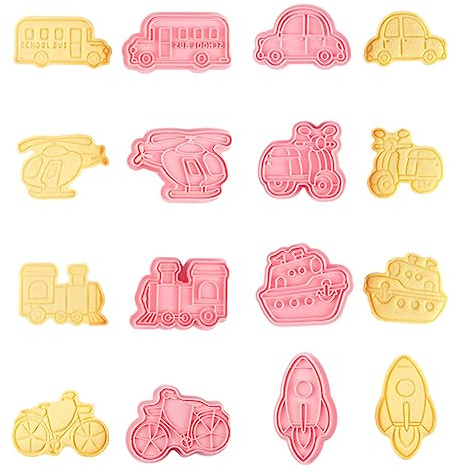 CANDeal Transportation Vehicle Cookie Cutters with Plunger Stamper,8 Piece Transportation Theme Embossing Cutter for Fondant Biscuit Pastry Cheese Baking, Bicycle Train Helicopter Rocket Car