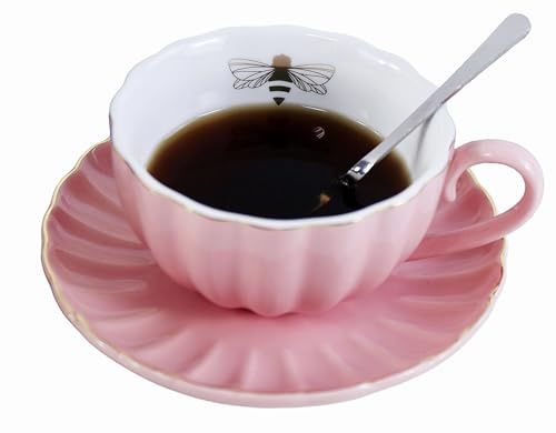Eplze Ceramic Tea Set, Cup& Saucer Set, Gold Bee Inside the Cup (Pink)
