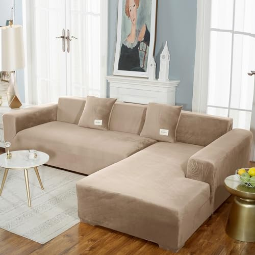 Sofa BezüGe 1/2/3/4 Sitzer Kombination Ecksofa Couch üBerzug Ecksofa Sofabezug Rechts Oder Links Peninsula Universal-Sofa BezüGe L-Form Samt Sofaschoner Mit 1 Kissenbezug FüR Kind(210-280cm,Camel)
