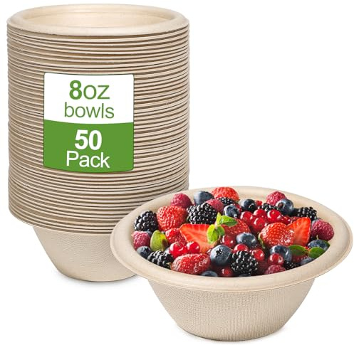 50 Pack 8oz Paper Disposable Bowls Small Brown Kids Sugarcane Snack & Soup