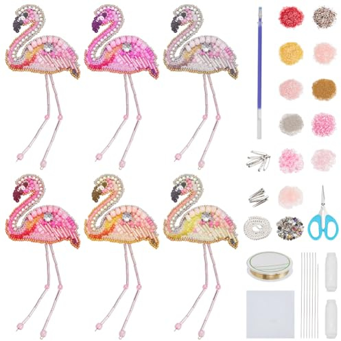 WEBEEDY 6 Sets DIY Flamingo Beaded Patch Kit Pink Bird Brooch Pin Hair Barrette Making, Sequin Beaded Patches Sew on Patch Decorative Patch Sticker for Clothes Shoes Sewing Patchworks