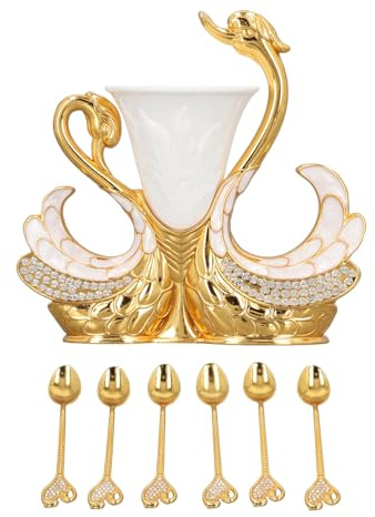 Ensemble de Cuillères à café, 6 Cuillères à Expresso Dorées avec Support, Mini Cuillère à café Dorée pour Remuer, Mélanger, café, Crème Glacée, Sucre, Gâteau (Forme de Cygne)