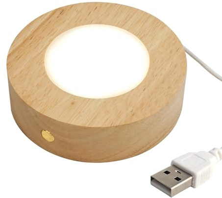 FuoiCorn LED Light Stand for Glass Art - Dual Power Crystal Display Stand with Touch Dimmer, 4.7 Wood Base for 3D Acrylic/Crystal Decor & Collectibles