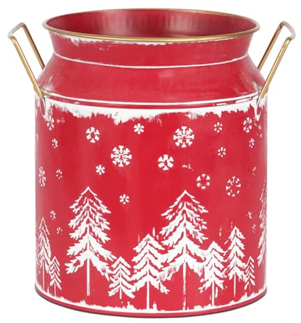 Putuo Decor Große Metall-Milchkanne mit weißem Winterwald-Schneeflocken-Design, rustikale Bauernhaus-Urlaubsvase mit goldfarbenen Griffen, Vintage-Weihnachtsdekoration für festliche Tafelaufsätze,