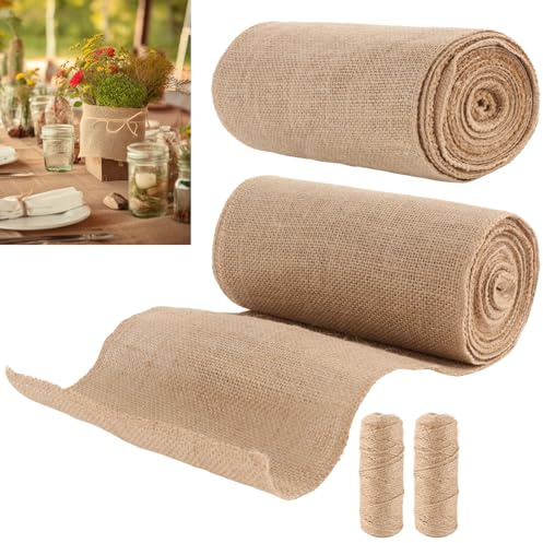 LOPYXBR 2 Stück Tischläufer Jute, 20cm x 10m Jute Tischläufer Natur Leinen Jutestoff, Juteband Tischband für Hochzeit, Bauernhaus Party, Kommunion, Rustikale Tisch Dekoration