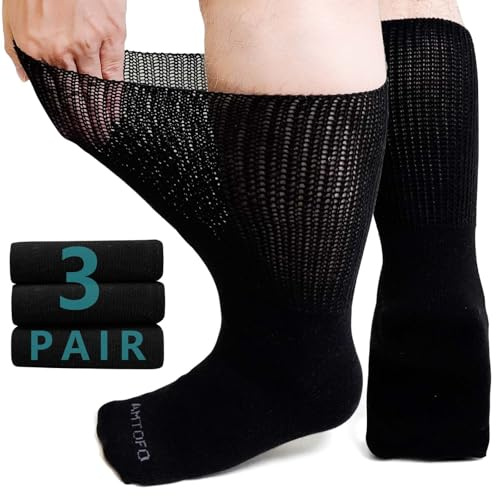 ZFSOCK Calcetines Diabeticos Hombre Mujer Sin Elástico Sin Goma Sin Costuras Algodón Confort Calcetines de Ajuste Holgado Negro 3 Pares 47-50