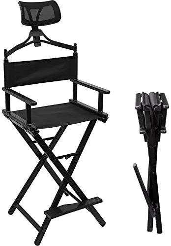 JNTFNE Professioneller Schminkstuhl Regiestuhl Klappstuhl, Aluminium Tragbarer Make-up-Künstlerstuhl mit abnehmbarer Kopfstütze Heavy Duty Unterstützt 150 kg (Schwarz)