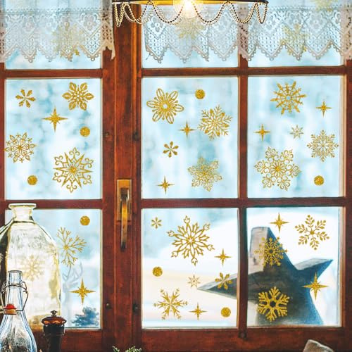 WandSticker4U®- Glitzer-SCHNEEFLOCKEN in GOLD I Fensterbilder Weihnachten selbstklebend Weihnachtsdeko Fenster Aufkleber Kinderzimmer Fenstersticker Winter wiederverwendbar