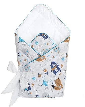 PillowPrim Pucksäck 0–3 månader baby – 100 % ekologisk bomull – 75 x 75 cm – säkerhet, universell, skötsovsäck för spädbarn – unisex babyfilt (björnen och räven)