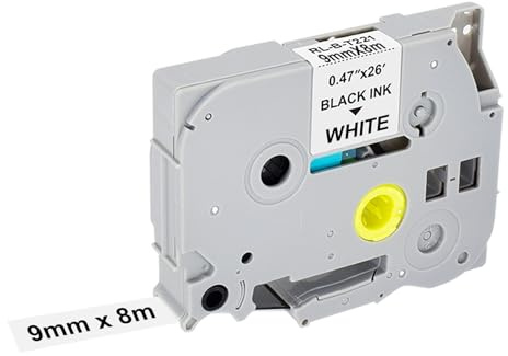 1X Kompatibel mit Brother P-touch Bänder 9mm Weiß Tze 221 TZe-221 9mm x 8m, Kompatibel für Brother P touch Schriftband TZ Tape 9mm 0.35 TZe221 für Ptouch H105 H100LB H107B 900 1000 1280