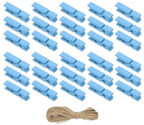 PATIKIL 1.4 Wooden Colored Clothes Pins, 50Pcs Mini Colorful Wooden Clothes Clips with 32Ft Jute Twine Strong Grip Photo Clips for Pictures Hanging Clothes Decorative Crafts, Blue