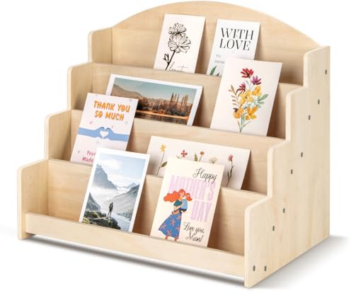 PUERSI Greeting Card Display Stand Holder - 4-Tier Wooden Organizer Rack for Retail Stores, Postcards, Stickers & Stationery Vendors Beige
