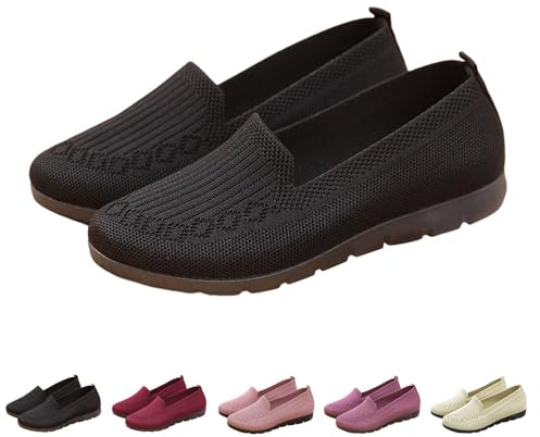 Women's Knitted Flat Shoes Extra Wide Eee Fit Lightweight Comfortable Loafers Women Footwear Slip on Casual Breathable Mesh Walking Shoes Low-Top Round Toe Trainers Clearance Gifts
