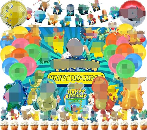 Cartoon themed Luftballons Geburtstag Deko，59 Stück Kinder Ballon party deko set, Enthäl banner, Banner, Cake Topper, Hintergrundtuch, Folienballons, Hängende Figuren, Latexballons