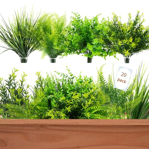 X-BLTU 20 Bundles Artificial Plants Outdoor Indoor, UV Resistant Plastic Fake Plants Grass Fern Greenery Shrubs, Faux Plant for Window Box Planter Hanging Basket Porch Planter Home Garden Decor