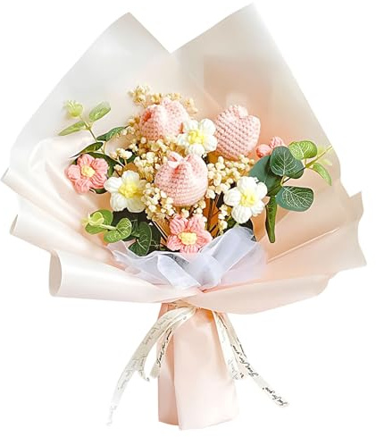 BDBFPAN Fiori all'uncinetto, bouquet artificiale, tulipani rosa, fiori artificiali, adatti come regalo per anniversario, laurea, festa della mamma