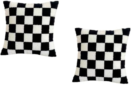 Dybag Juego de 2 fundas de cojín de piel sintética a cuadros (juego de 2), fundas de cojín de sofá de 18 x 18 pulgadas, diseño de tablero de ajedrez de felpa moderna, sin relleno (negro)