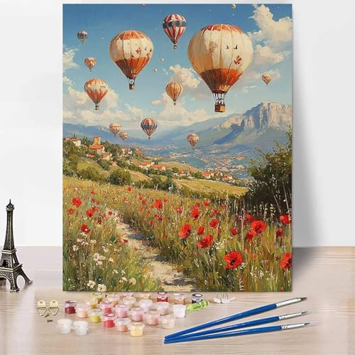 Landscape Paint by Numbers for Adults, DIY Paint by Numbers Hot Air Balloon, Canvas Oil Painting Kit with 3 Paintbrushes, Acrylic Pigment Drawing Paintwork, Gifts 8x12 Inch Without Frame -XY297