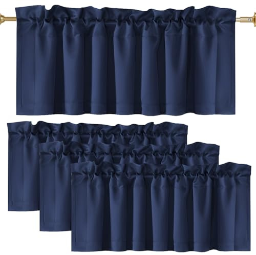 YUNYOUC 4 Panels Short Blackout Curtains, Small Cafe Curtains, 52x18 inch Polyester Blackout Valance for Kitchen Living Room Cafe Bathroom Laundry(Dark Blue 4PCS)