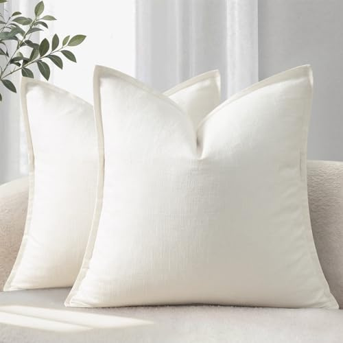 YCOLL Funda de Cojín 40x40 Juego de 2 Fundas de Cojín Cómodas y Suaves de Lino Natural Cojines de Sofá Unicolor Fundas de Cojín Modernas con Borde Cojín Decorativo para Sofá Cama y Salón Blanco Crema