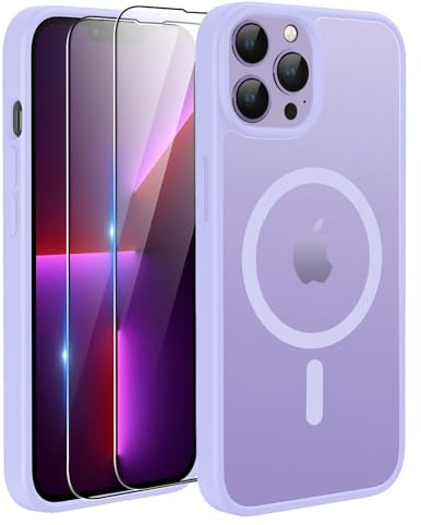 TQIAHF Magnetic Phone Case Cover for iPhone 13 Pro,Purple | with 2 Tempered Glass Screen Protector Compatible with MagSafe Military Grade Shockproof Protective Slim Translucent Matte