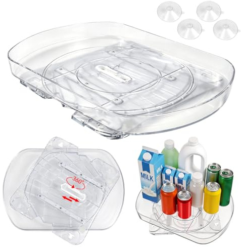 BXUUXA Kühlschrank Organizer Drehbar 360° Rechteckig 42 × 28 cm | Transparente Lazy Susan mit Saugnäpfen und rutschfester Drehplatte für Gewürze, Flaschen, Saucen und Vorräte
