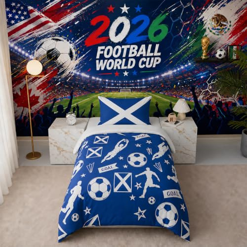 Football Duvet Cover Set Single Bed – Kids Saltire Flag Bedding, Soft Easy Care Quilt Cover & Pillowcase, Blue White Football Gift for Boys Girls Teens, 2026 Tournament (Blue, Single)