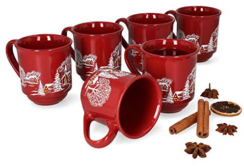 MamboCat - Set di 6 tazze da vin brulé, 0,2 l, con taratura, classici, con motivo invernale, con manico, adatte per il settore della gastronomia, di ceramica, colore: rosso