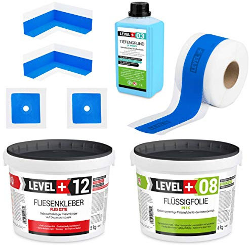 Dichtset Fliesen Flüssigfolie 4Kg Fertig Fliesenkleber 5Kg Tiefengrund 1L Dichtband 5M Innenecken x 2, Wandmanschetten x 2 Dusche Bad Küche SET500