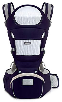 SONARIN Porte-bébé ergonomique avec Siège de Hanche/Pur coton, support de tête, multiposition: dorsal, ventral, réglable pour nouveau-né et enfant de 0 à 36 mois (jusqu'à 30 kg) Bleu