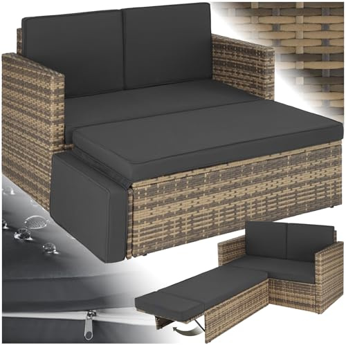 tectake® Salon de Jardin Exterieur en Poly Rotin Modulable Bain de soleil 2 Places 1 Canapé et 1 Tabouret Pouf avec Repose-pieds inclinable, Mobilier de Jardin pour Amenagement Balcon Terrasse Veranda