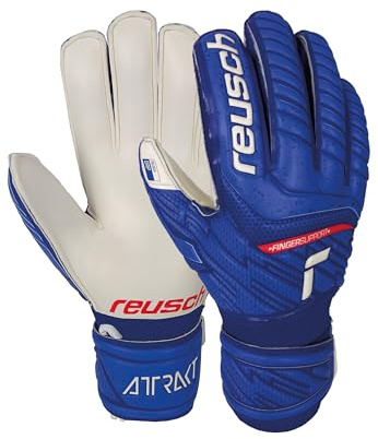 Reusch Torwarthandschuhe Kinder | Fingerschutz | zuverlässiger Grip | atmungsaktiv, für Training & Spiel, geeignet für Kunstrasen & Naturrasen, Größe 3,5-8, Attrakt Grip Finger Support Junior