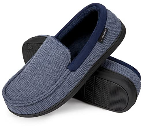 EverFoams Men's Comfort Memory Foam Moccasin Slippers Breathable Terry Cloth House Shoes with Anti-Skid Rubber Sole Blue 10 UK
