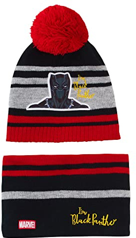 Marvel Ensemble bonnet à pompon + écharpe de luxe pour garçon Captain America ou Black Panther, Panthère noire, 6-8 ans