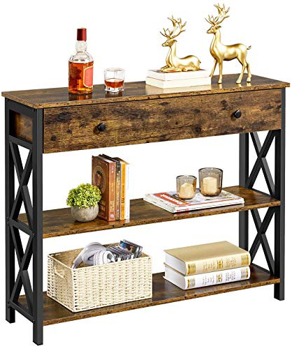 Yaheetech Konsolentisch Flurtisch mit 1 Schublade und 2 Offenen Ablagefächern Eingangtisch 3-Stufig Sideboard X-förmiger Rahmen Beistelltisch Sofatisch für Wohnzimmer/Eingangsbereich, 100 x 30 x 80 cm