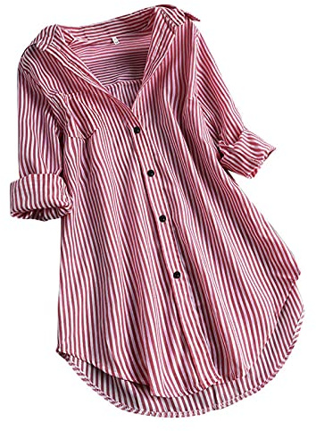 Långblus damer långärmad elegant lång skjorta stora storlekar skjorta blus oversize damblusar v-ringad tröja vintage linneblus höst sommar topp linne skjorta lång blusar, röd, XL