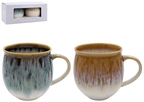 Lesser & Pavey Reactive Glaze Mugs for Tea and Coffee | Large Ceramic Earthenware Mug 400ml for Kitchen | Premium Designs Reactive Glaze S2 Mugs 2 ASST Stoneware Mug Set of 2 - Elements